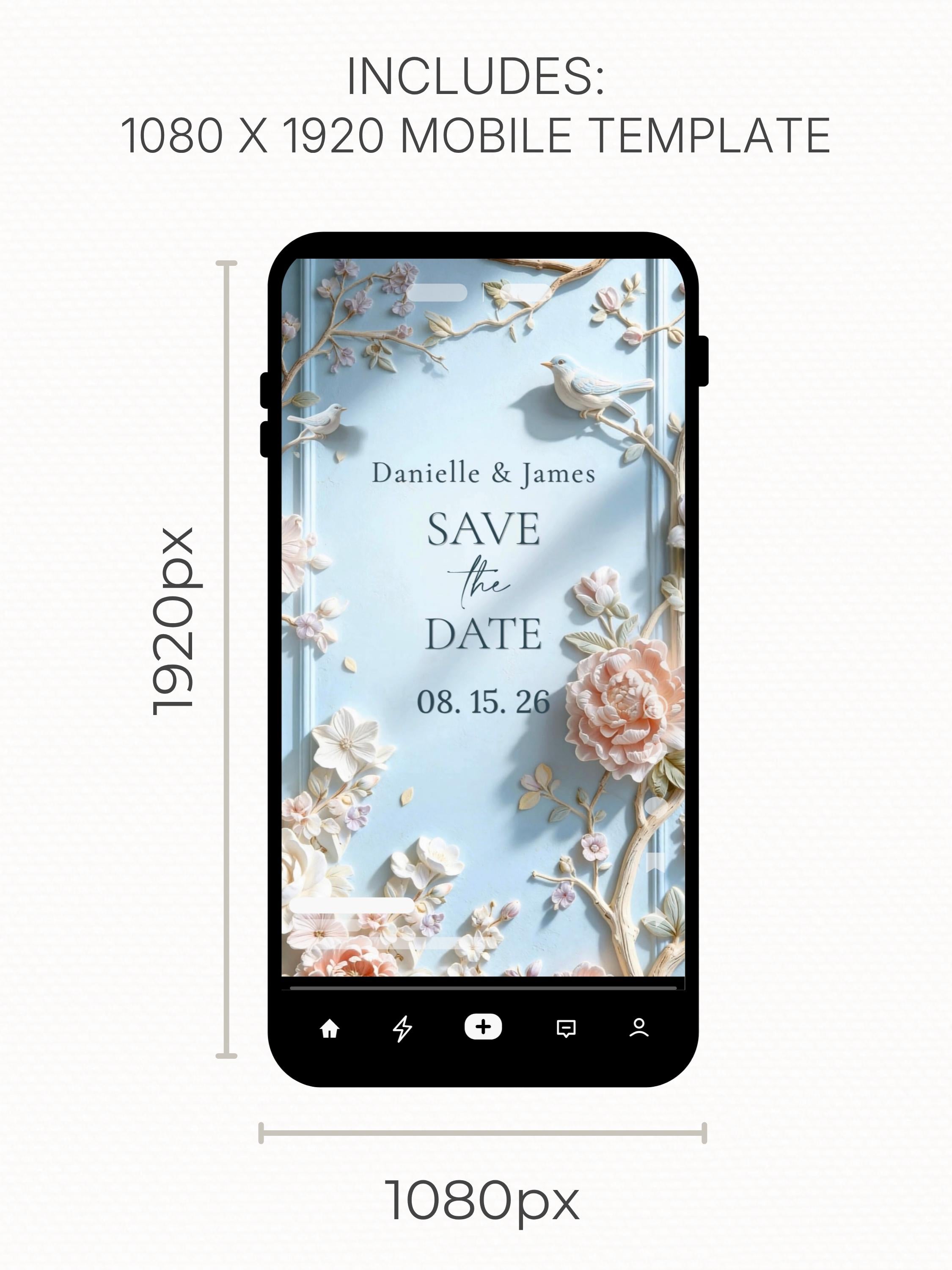 Printable Save the Date Wedding Invite, Floral Bas Relief Editable Canva Template, Powder Blue Digital Engagement Announcement Evite