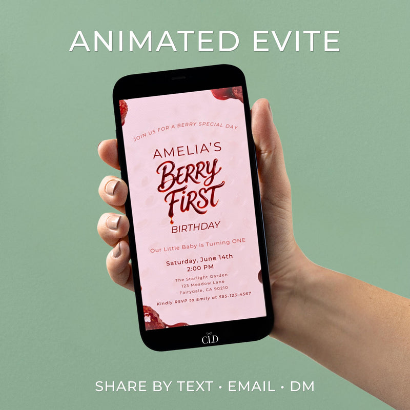Animated Berry First birthday invitation displayed on a phone mockup showing strawberry frosting text being piped onto a pink background, editable Canva video evite for a girl’s first birthday