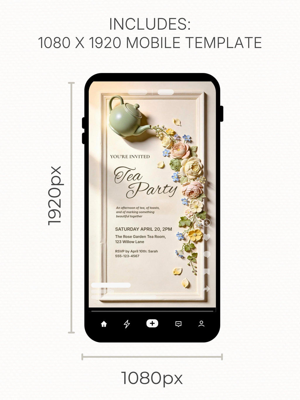 Printable Tea Party Invitation - Bridal Shower Invite - Floral Bas-Relief 5x7 Template for Baby Shower, Mothers Day, Brunch (Editable Canva)