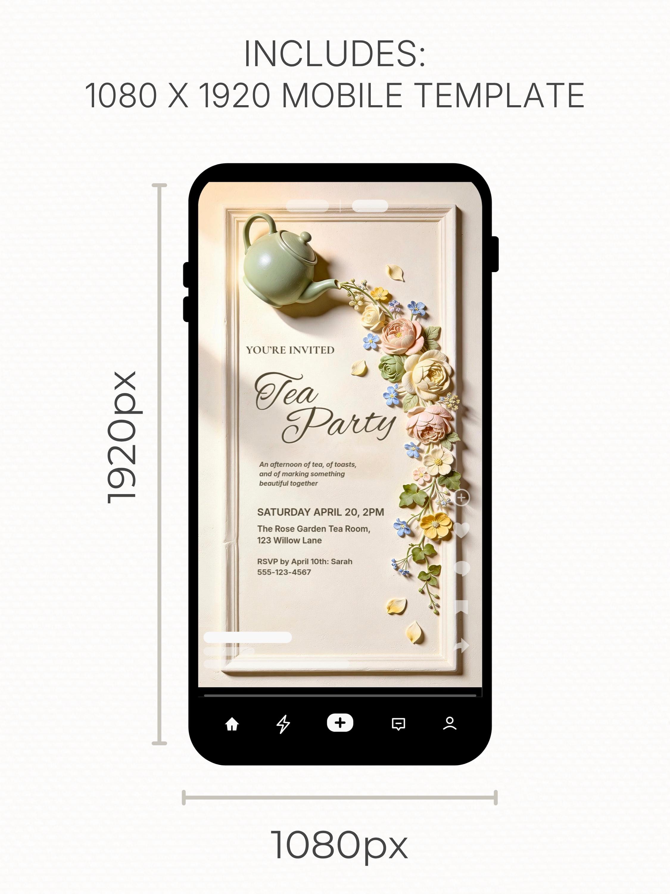Printable Tea Party Invitation - Bridal Shower Invite - Floral Bas-Relief 5x7 Template for Baby Shower, Mothers Day, Brunch (Editable Canva)
