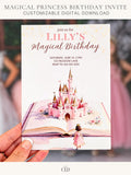 Printable princess birthday invitation held in hand, featuring a storybook castle rising from an open book, soft pink watercolor fairytale design for a girl’s birthday party