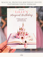 Printable princess birthday invitation held in hand, featuring a storybook castle rising from an open book, soft pink watercolor fairytale design for a girl’s birthday party