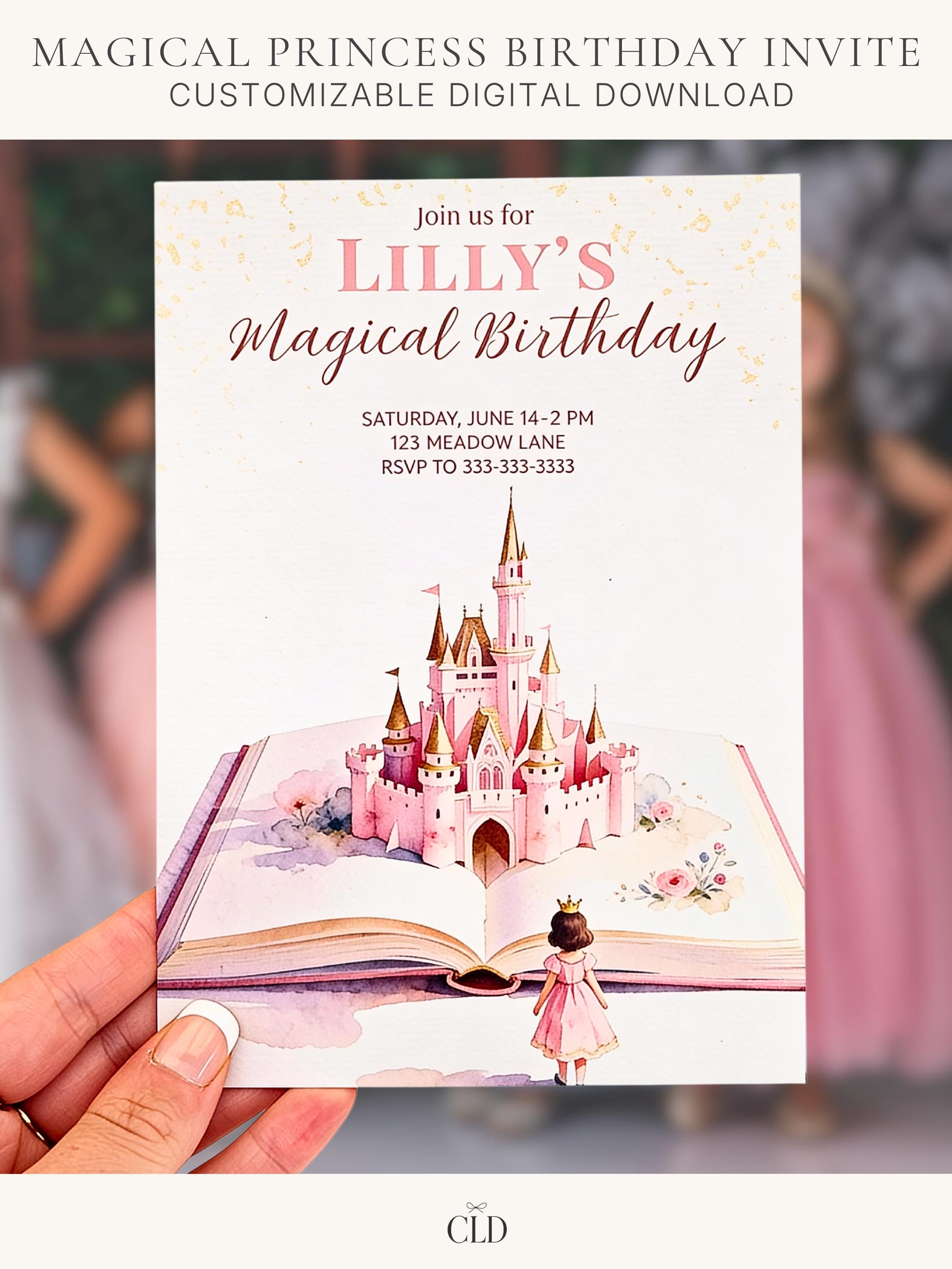 Printable princess birthday invitation held in hand, featuring a storybook castle rising from an open book, soft pink watercolor fairytale design for a girl’s birthday party