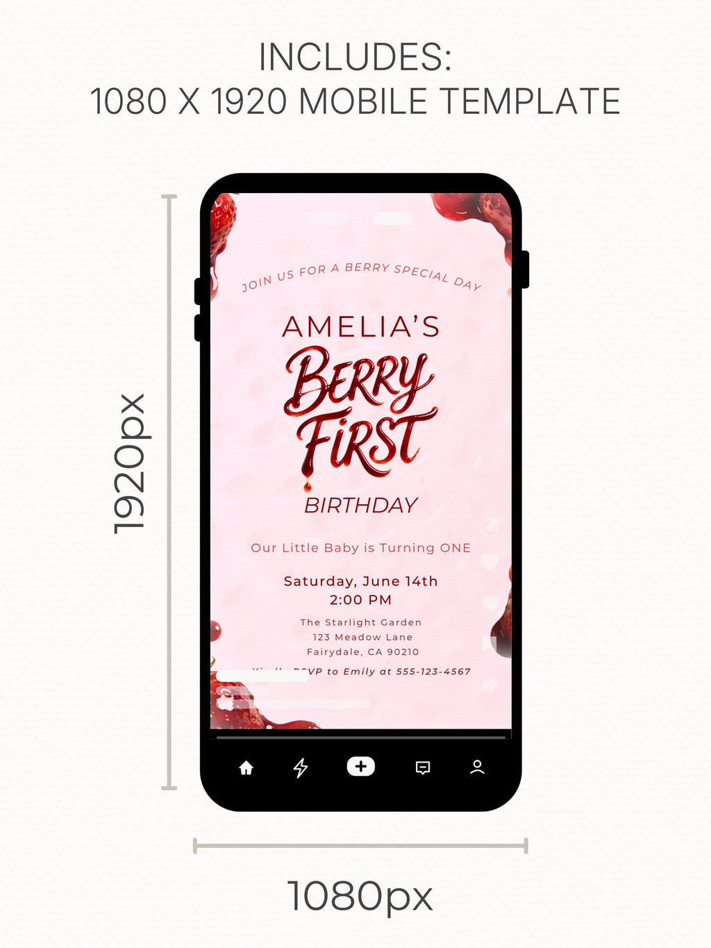 Printable Berry First Birthday Invitation, Strawberry 1st Bday Party Evite, Editable 5x7 Canva Template, Sweet Girl Invite