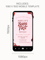 Printable Berry First Birthday Invitation, Strawberry 1st Bday Party Evite, Editable 5x7 Canva Template, Sweet Girl Invite