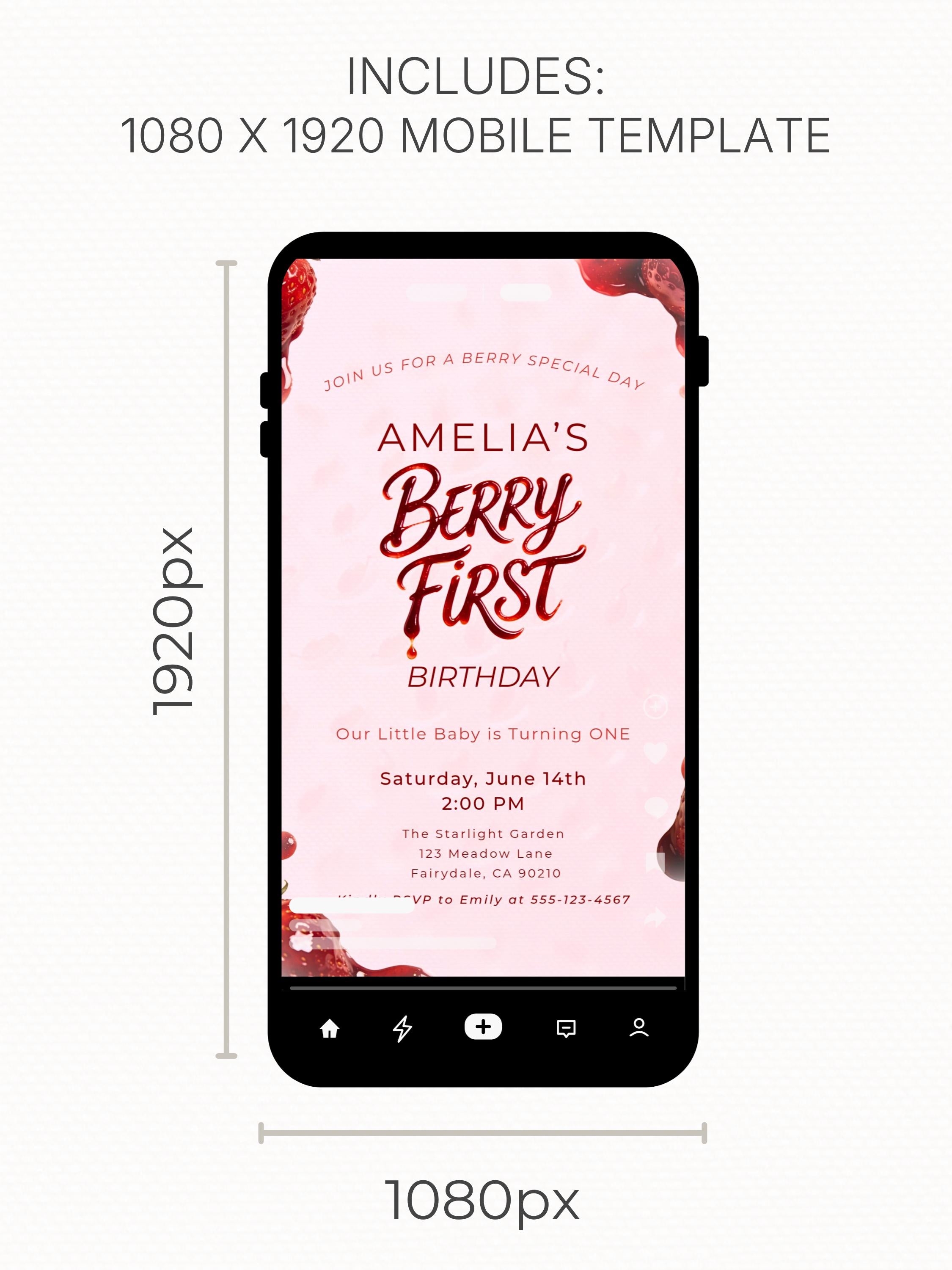 Printable Berry First Birthday Invitation, Strawberry 1st Bday Party Evite, Editable 5x7 Canva Template, Sweet Girl Invite
