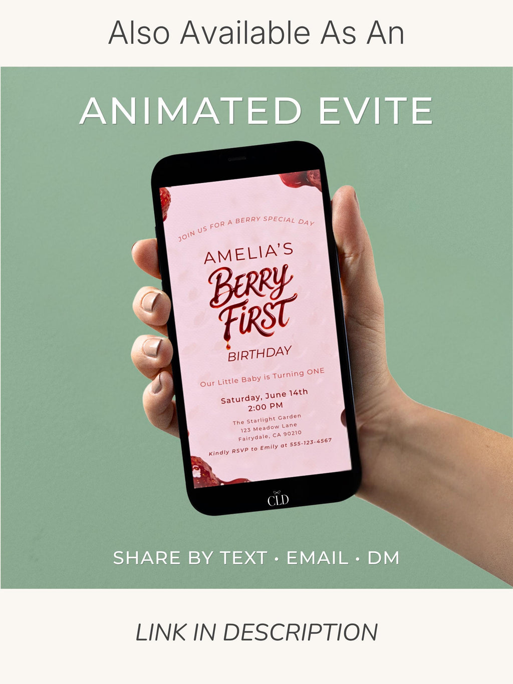 Printable Berry First Birthday Invitation, Strawberry 1st Bday Party Evite, Editable 5x7 Canva Template, Sweet Girl Invite