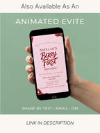 Printable Berry First Birthday Invitation, Strawberry 1st Bday Party Evite, Editable 5x7 Canva Template, Sweet Girl Invite