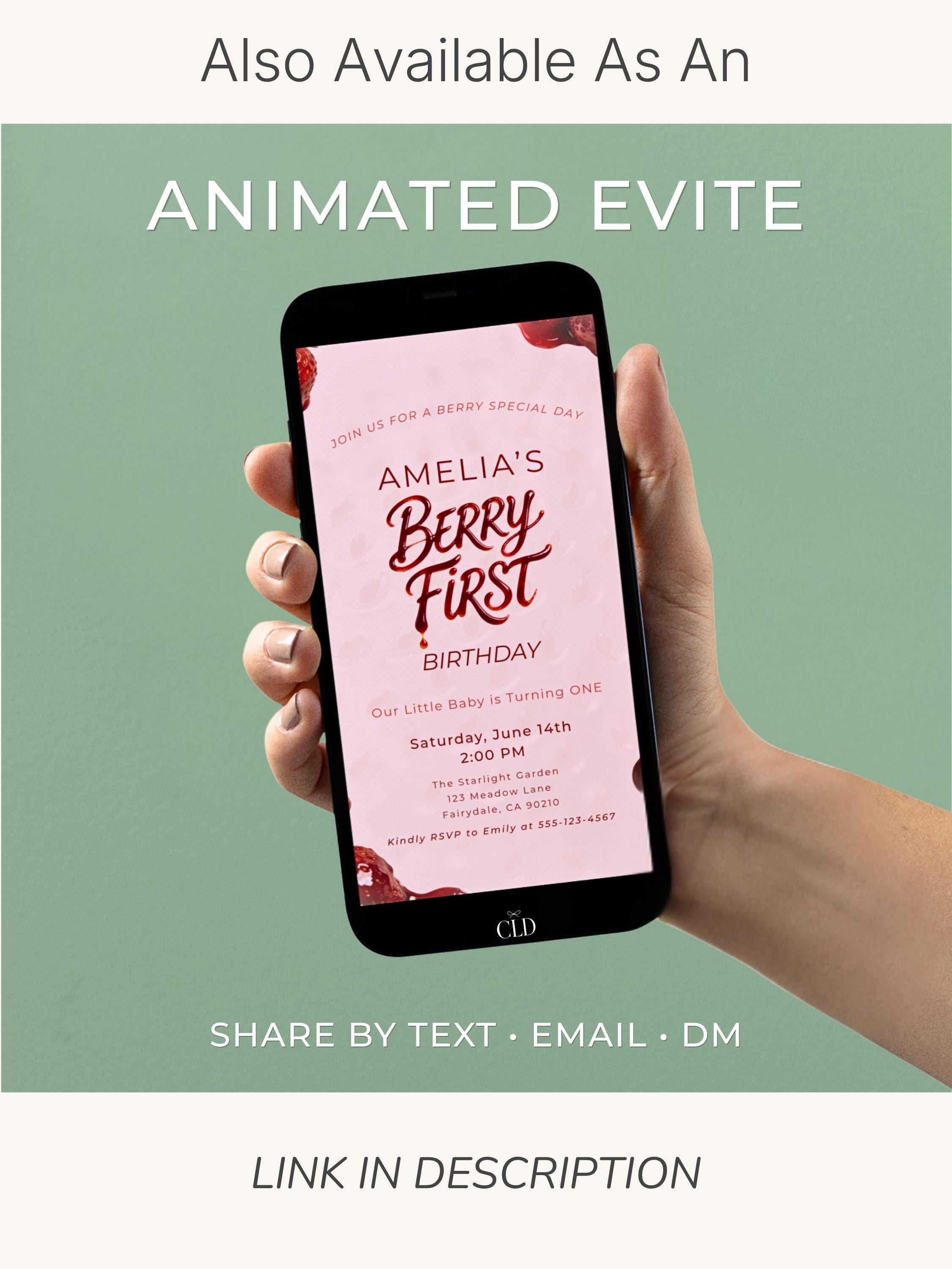 Printable Berry First Birthday Invitation, Strawberry 1st Bday Party Evite, Editable 5x7 Canva Template, Sweet Girl Invite
