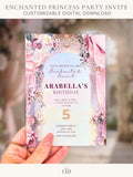 Printable princess birthday invitation held in hand, enchanted fairytale arch with pink florals and gold details, editable Canva 5x7 party invite for girls birthday