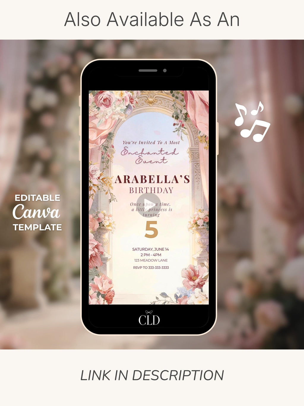 Printable Princess Birthday Invitation, Enchanted Fairytale 5x7 Card Evite (Editable Canva Template, Girl Party Digital Invite)
