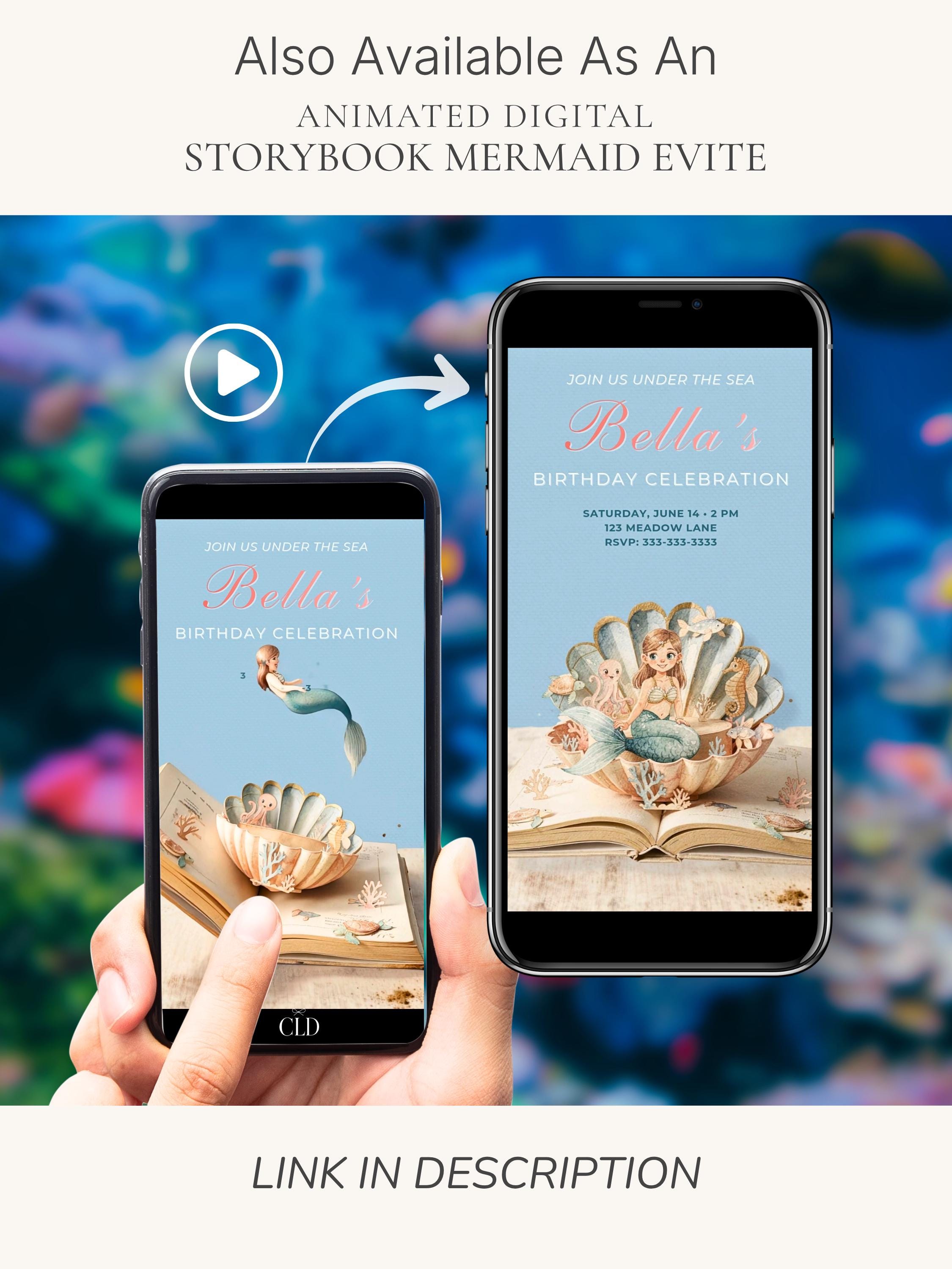 Printable Mermaid Birthday Invite - Digital Custom Storybook Under the Sea Party Invitation (Editable Instant Download Canva Template Evite)