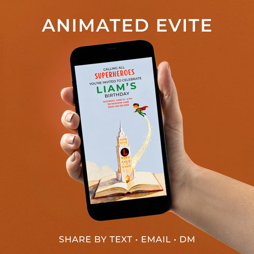 Animated Superhero Birthday Invitation - Editable Storybook Tower Digital Evite (Instant Download Custom Canva Template)