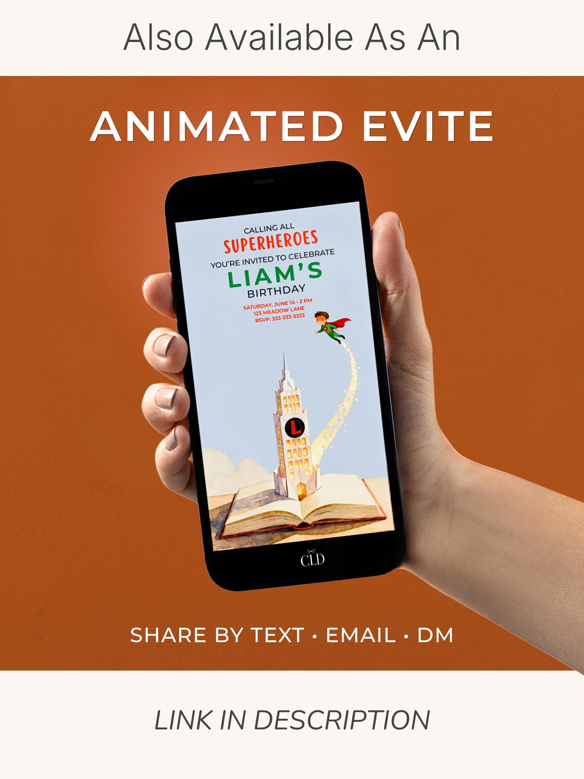 Superhero Birthday Invitation- Editable Magical Storybook Tower Digital Evite (Instant Download Custom Canva Template)