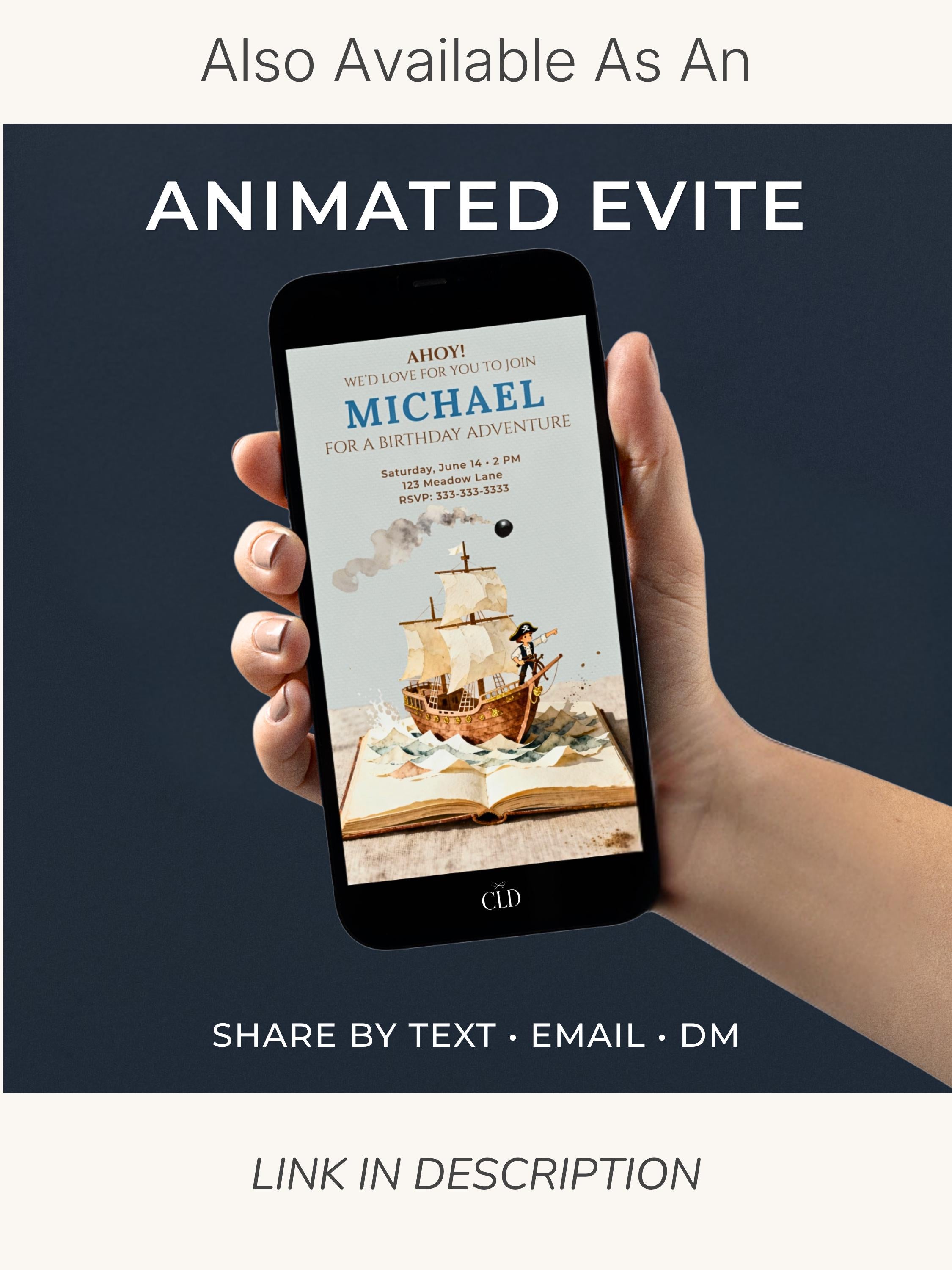 Printable Pirate Birthday Party Invitation - Custom Storybook Ship, Digital Evite for Kids (Editable Instant Download Canva Template Invite)