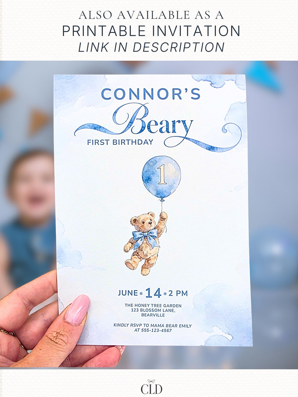 Animated Teddy Bear First Birthday Evite - Boy 1st Bday Video Invitation - Beary First Birthday Digital Invite (Editable Canva Template)