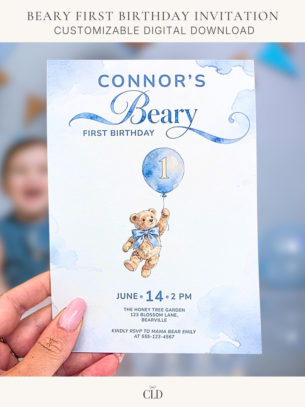 Printable teddy bear first birthday invitation, soft watercolour bear holding a blue balloon with number 1, on a dusty blue cloud background. Editable Canva template, 5x7 size, ready to print at home or send to a print shop.
