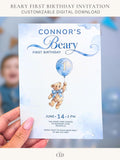 Printable teddy bear first birthday invitation, soft watercolour bear holding a blue balloon with number 1, on a dusty blue cloud background. Editable Canva template, 5x7 size, ready to print at home or send to a print shop.