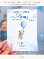 Printable teddy bear first birthday invitation, soft watercolour bear holding a blue balloon with number 1, on a dusty blue cloud background. Editable Canva template, 5x7 size, ready to print at home or send to a print shop.