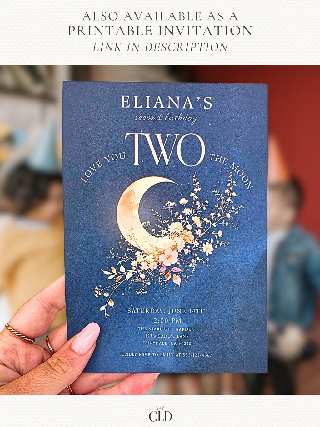 Love You Two The Moon Birthday Evite Video - Animated 2nd Birthday Invitation, Moon and Stars Digital Invite (Editable Canva Template)