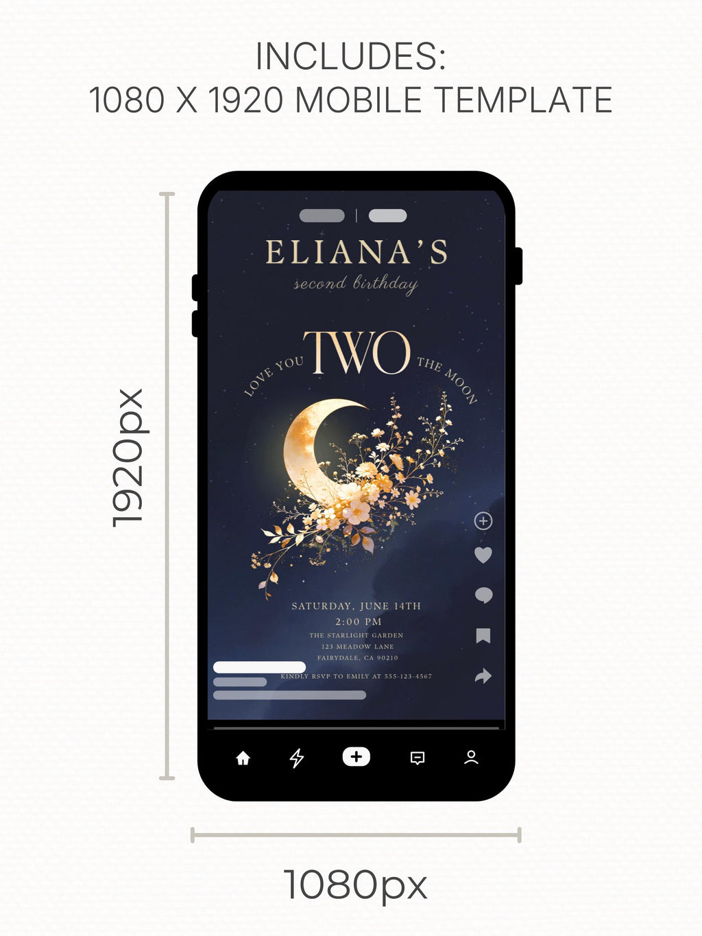 Printable Love You Two The Moon Birthday Invitation - 2nd Bday Invite - Moon and Stars Party Evite (Editable Canva Template 5x7)