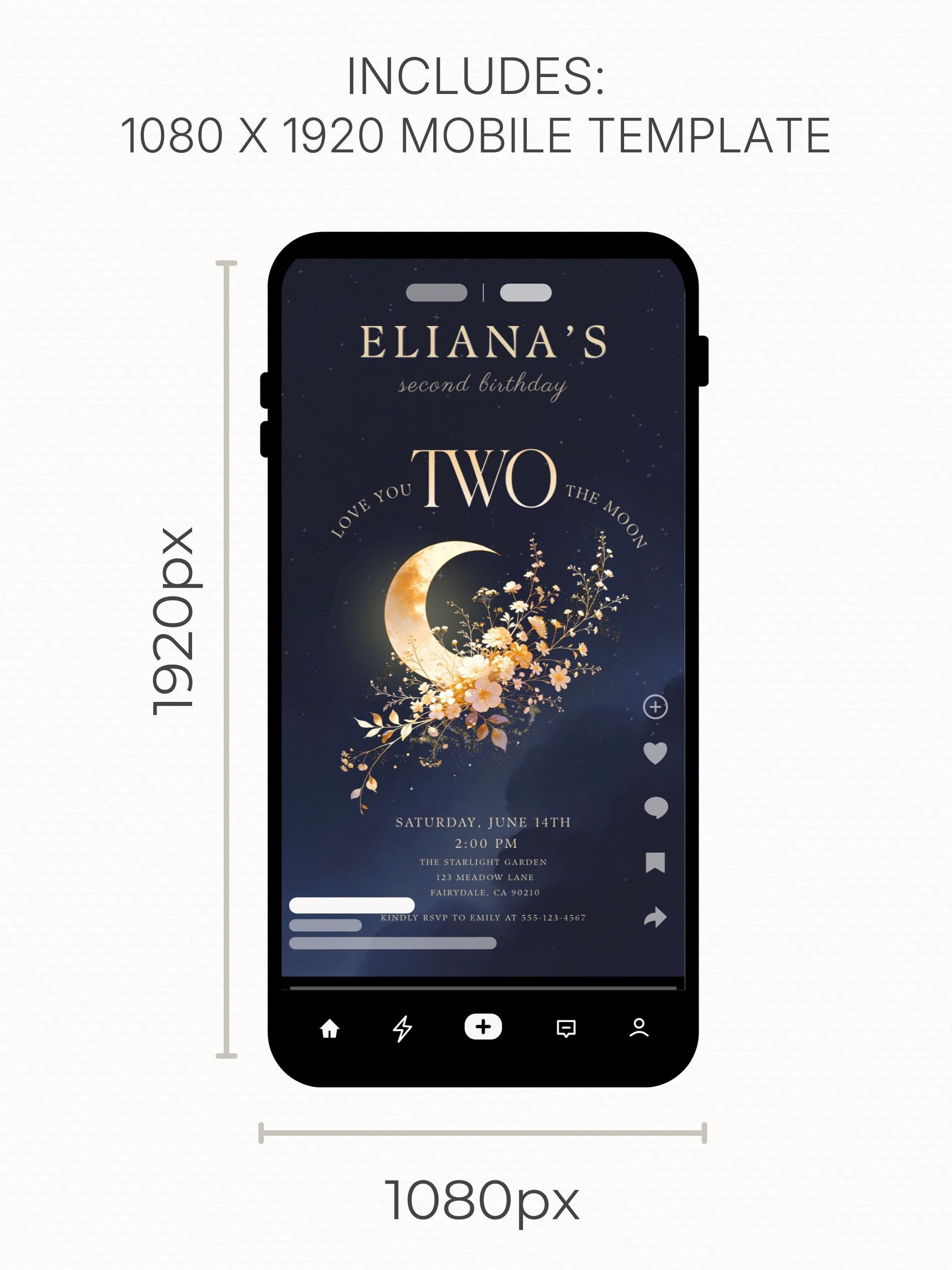 Printable Love You Two The Moon Birthday Invitation - 2nd Bday Invite - Moon and Stars Party Evite (Editable Canva Template 5x7)