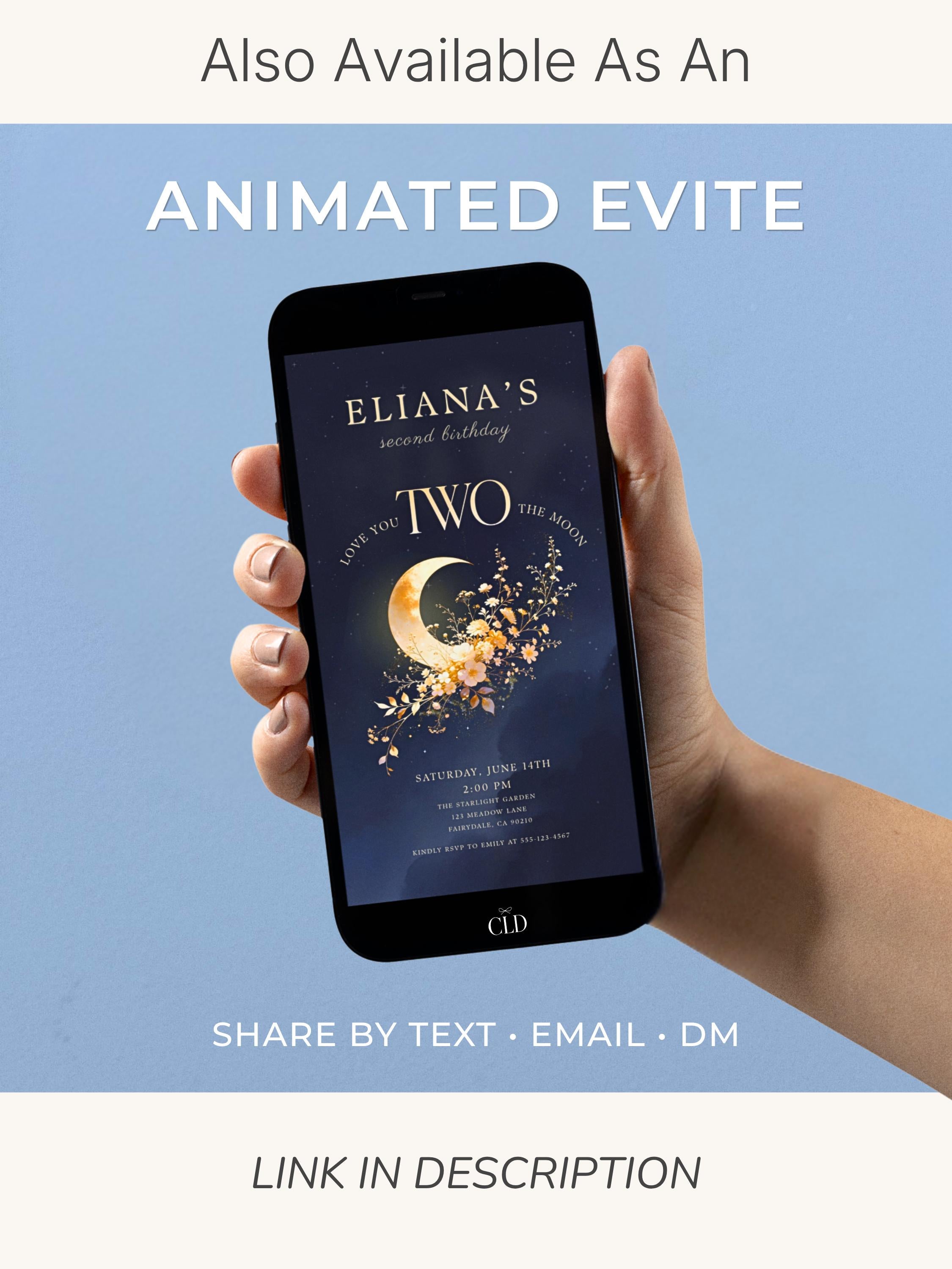 Printable Love You Two The Moon Birthday Invitation - 2nd Bday Invite - Moon and Stars Party Evite (Editable Canva Template 5x7)