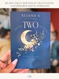 Printable Love You Two The Moon birthday invitation, golden crescent moon with watercolour wildflowers on a deep navy starry background. Editable Canva template, 5x7 size, ready to print at home or send to a print shop.