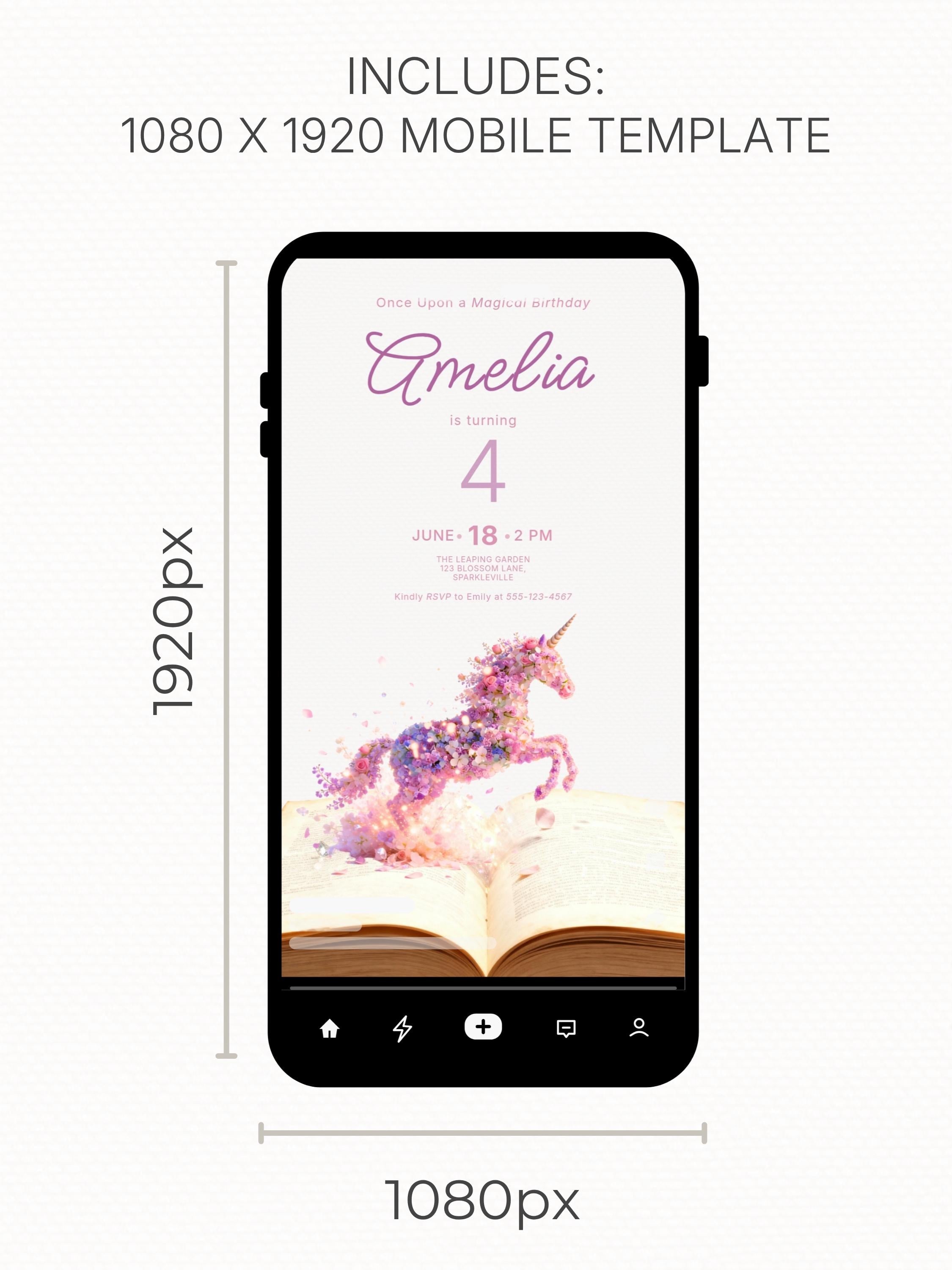 Printable Storybook Unicorn Birthday Invitation-| Girls 1st 2nd 3rd Bday Party Invite - Magical Floral Print (Editable Canva Template)