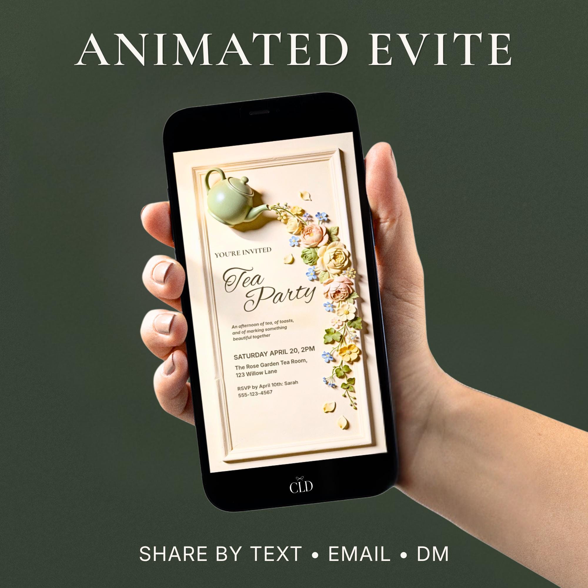 Animated tea party invitation displayed on a phone, featuring a sculpted green teapot pouring a cascade of bas-relief flowers in blush, cream and blue. Digital video evite for bridal shower, baby shower or garden brunch.