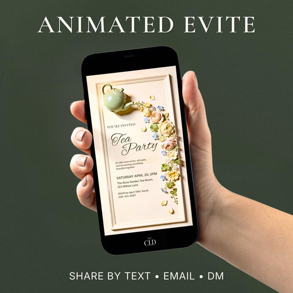 Animated tea party invitation displayed on a phone, featuring a sculpted green teapot pouring a cascade of bas-relief flowers in blush, cream and blue. Digital video evite for bridal shower, baby shower or garden brunch.
