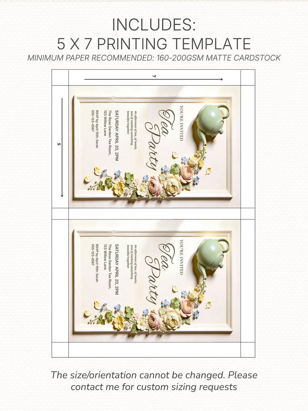 Printable Tea Party Invitation - Bridal Shower Invite - Floral Bas-Relief 5x7 Template for Baby Shower, Mothers Day, Brunch (Editable Canva)