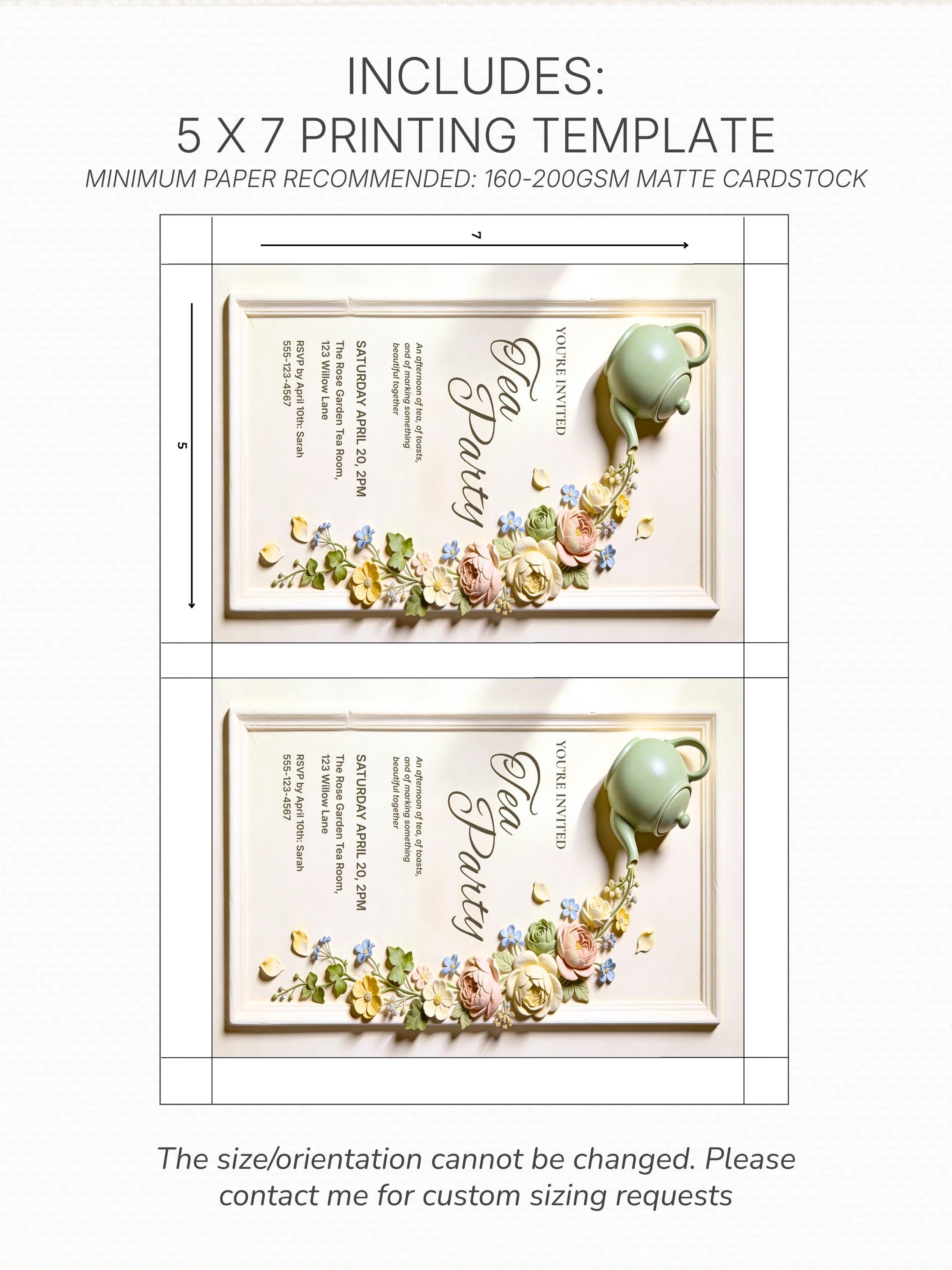 Printable Tea Party Invitation - Bridal Shower Invite - Floral Bas-Relief 5x7 Template for Baby Shower, Mothers Day, Brunch (Editable Canva)