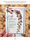 Printable fall invitation held in hand showing a 3D bas relief autumn floral arrangement with peach roses, burgundy dahlias, and gold oak leaves cascading down a cream sculpted frame. Editable 5x7 Canva template for Friendsgiving and harvest gatherings.