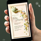 Animated tea party invitation displayed on a phone, featuring a sculpted green teapot pouring a cascade of bas-relief flowers in blush, cream and blue. Digital video evite for bridal shower, baby shower or garden brunch.