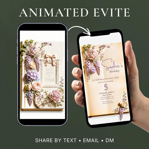 Animated bas-relief storybook birthday invitation for girls, sculpted cream book with wisteria, roses and ivy opening to reveal personalised birthday details. Magical fairytale digital evite designed by ChelseaLamontDesign.