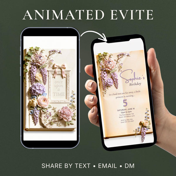 Animated bas-relief storybook birthday invitation for girls, sculpted cream book with wisteria, roses and ivy opening to reveal personalised birthday details. Magical fairytale digital evite designed by ChelseaLamontDesign.