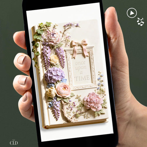 Animated bas-relief storybook birthday invitation for girls, sculpted cream book with wisteria, roses and ivy opening to reveal personalised birthday details. Magical fairytale digital evite designed by ChelseaLamontDesign.
