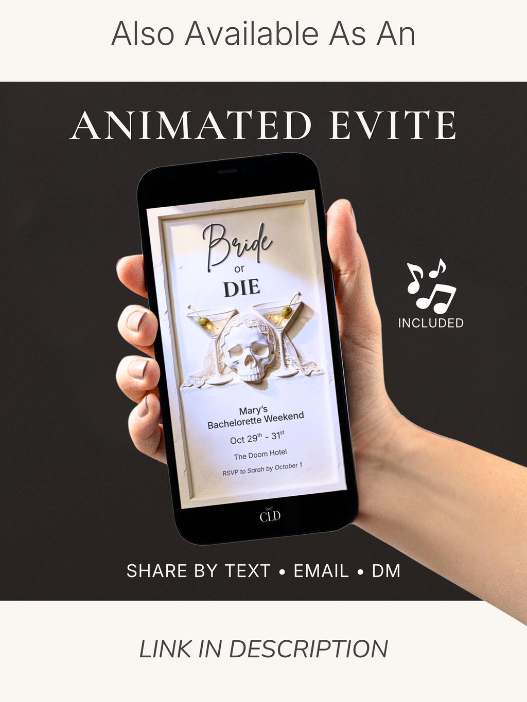Halloween Bachelorette Invitation Printable - Bride or Die (Editable Canva Template) - Skull Martini Hen Weekend Invite 5x7