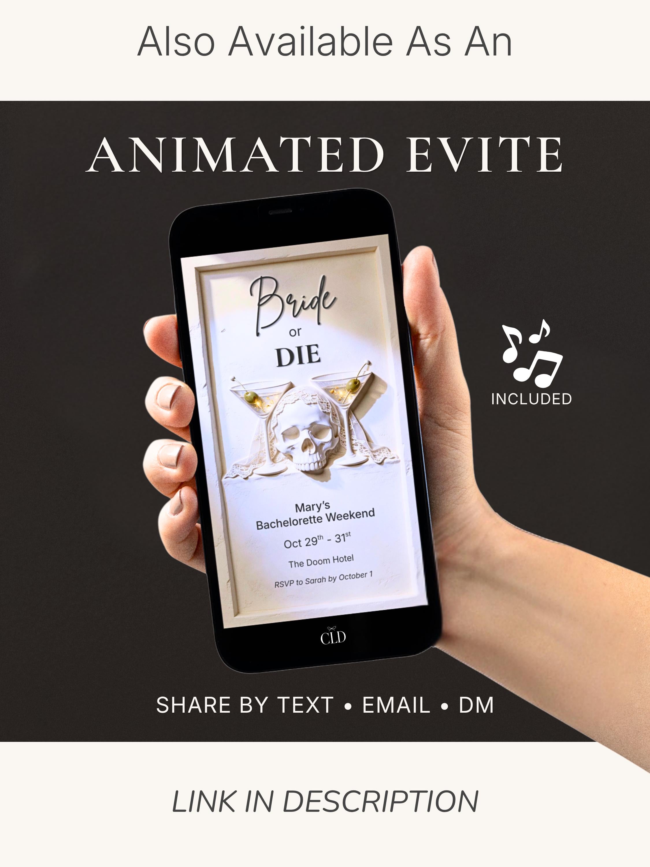 Halloween Bachelorette Invitation Printable - Bride or Die (Editable Canva Template) - Skull Martini Hen Weekend Invite 5x7