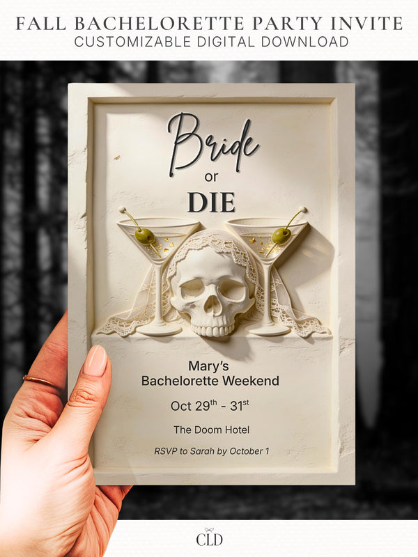 Printable Halloween bachelorette invitation. A sculpted cream skull in a lace bridal veil sits between two gold-flecked martinis, with the headline Bride or Die. An editable 5x7 Canva template for a skull-themed bachelorette weekend.