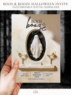 Printable Halloween party invitation. A sculpted cream ghost in a black starry niche stands above two gold-flecked martinis on a ledge, with the headline Boos and Booze. An editable 5x7 Canva template for an adult Halloween cocktail party.