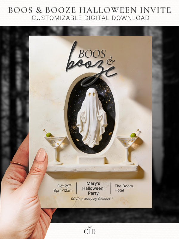 Printable Halloween party invitation. A sculpted cream ghost in a black starry niche stands above two gold-flecked martinis on a ledge, with the headline Boos and Booze. An editable 5x7 Canva template for an adult Halloween cocktail party.