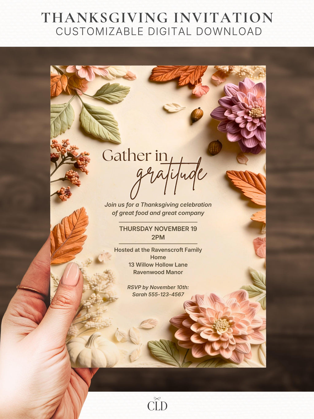 Printable Thanksgiving invitation. Sculpted bas-relief autumn florals in blush, dusty rose and terracotta with sage leaves frame a cream centre reading Gather in Gratitude. An editable 5x7 Canva template to print at home for a Thanksgiving or Friendsgiving dinner.