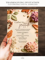 Printable Thanksgiving invitation. Sculpted bas-relief autumn florals in blush, dusty rose and terracotta with sage leaves frame a cream centre reading Gather in Gratitude. An editable 5x7 Canva template to print at home for a Thanksgiving or Friendsgiving dinner.