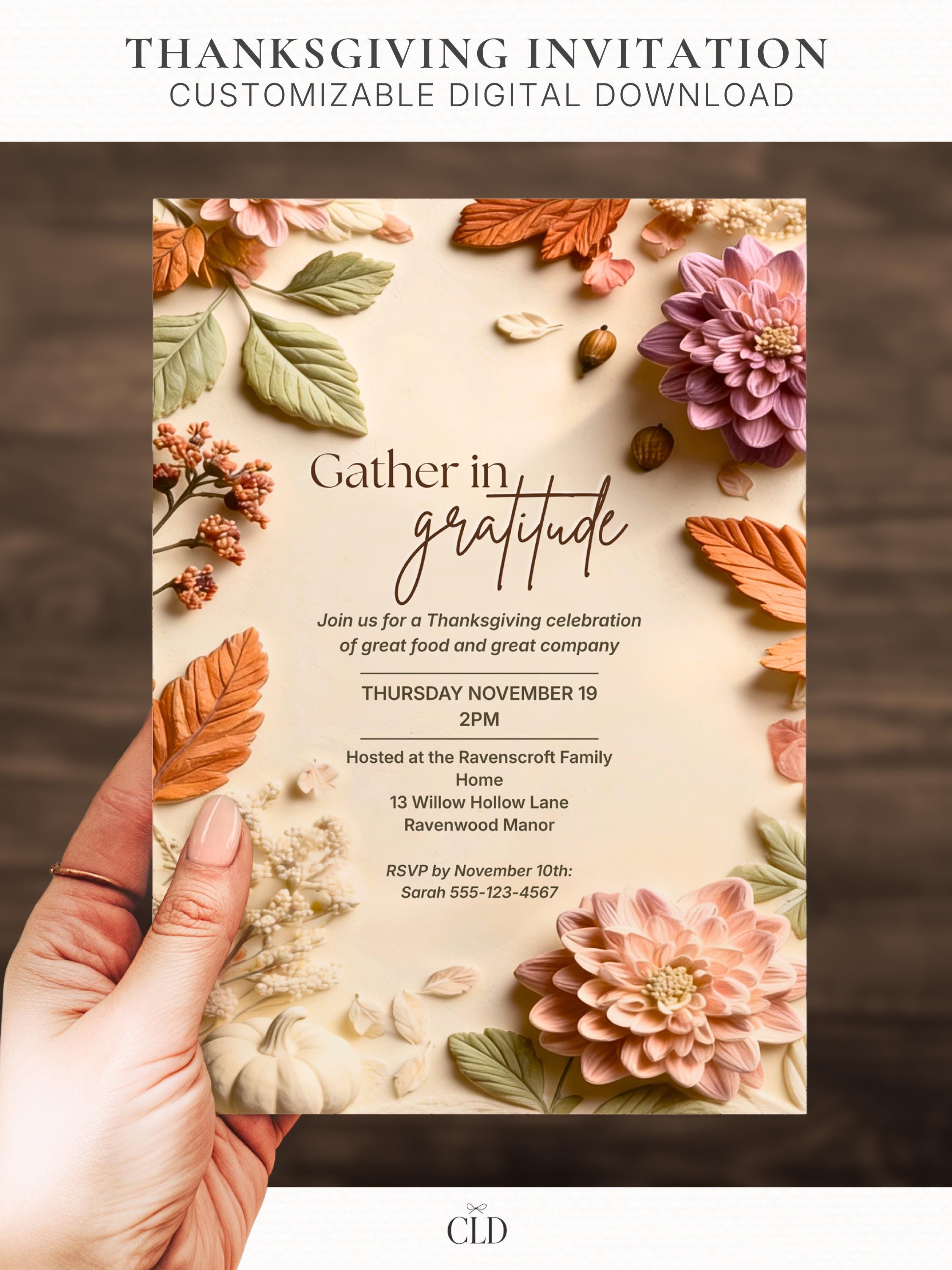 Printable Thanksgiving invitation. Sculpted bas-relief autumn florals in blush, dusty rose and terracotta with sage leaves frame a cream centre reading Gather in Gratitude. An editable 5x7 Canva template to print at home for a Thanksgiving or Friendsgiving dinner.
