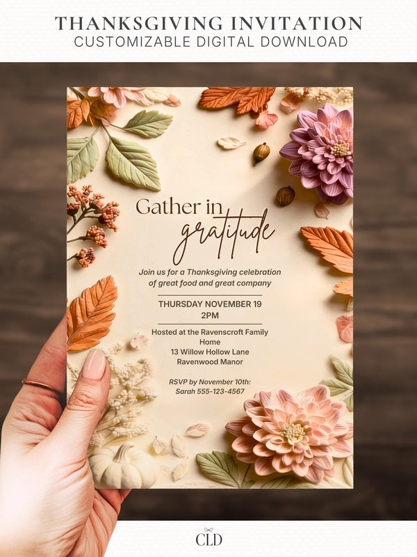 Printable Thanksgiving invitation. Sculpted bas-relief autumn florals in blush, dusty rose and terracotta with sage leaves frame a cream centre reading Gather in Gratitude. An editable 5x7 Canva template to print at home for a Thanksgiving or Friendsgiving dinner.