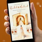 Animated autumn wedding invitation. A watercolour bride walks an aisle framed by an open storybook and an arch of terracotta and rust autumn blooms, with the names Rachel and Michael above. An editable Canva template video to send by text for a fall wedding.
