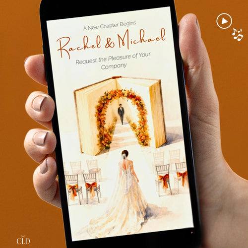 Animated autumn wedding invitation. A watercolour bride walks an aisle framed by an open storybook and an arch of terracotta and rust autumn blooms, with the names Rachel and Michael above. An editable Canva template video to send by text for a fall wedding.