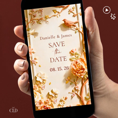 Animated autumn wedding save the date. Sculpted bas-relief florals in blush, peach and terracotta with a terracotta bird and gold leaf accents frame a warm cream centre reading Save the Date, with the names Danielle and James above and the date below. An editable Canva template video to send by text for a fall wedding.